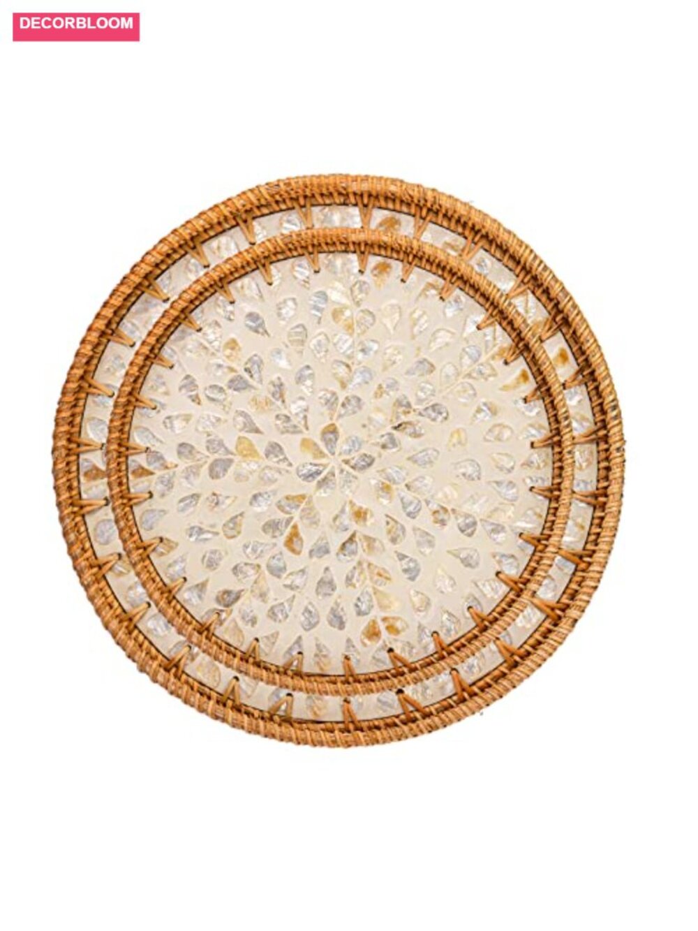 2 Pack Rattan Trays with Mother of Pearl Inlay, Wicker Serving Trays, - Picture 5 of 6